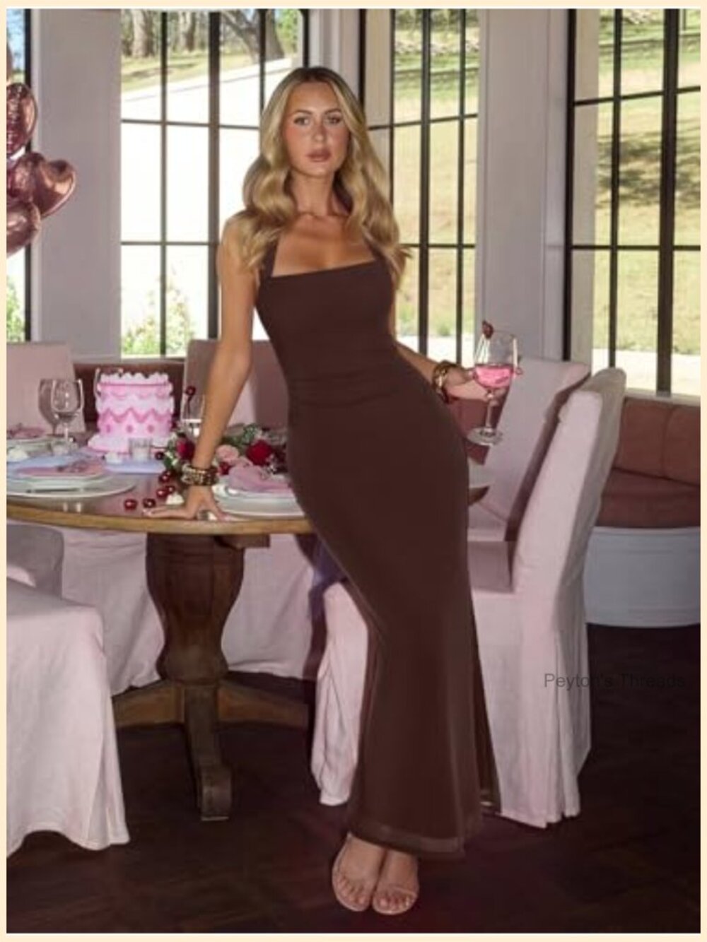 Sheer Mesh Sleeveless Maxi Dress Bodycon Square Neck Halter Tie Back - Picture 4 of 6